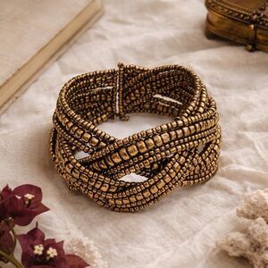 Beaded Cuff Bracelet Brown Bronze Tone Memory Wire Wrap Adjustable Boho Hippie
